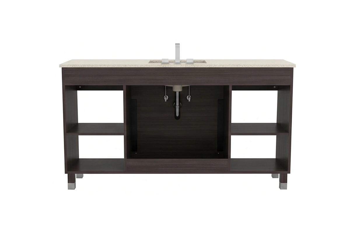 Contemporary enclosed vanity unit with a sturdy, monolithic top and integrated hardware-free cabinet fronts for a streamlined, clutter-free look