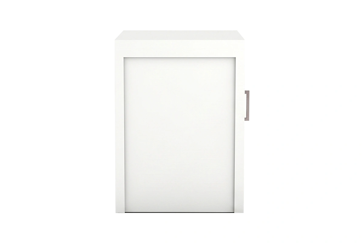 Minimalist left hand bedside table with high durability laminate finish and open lower shelf space