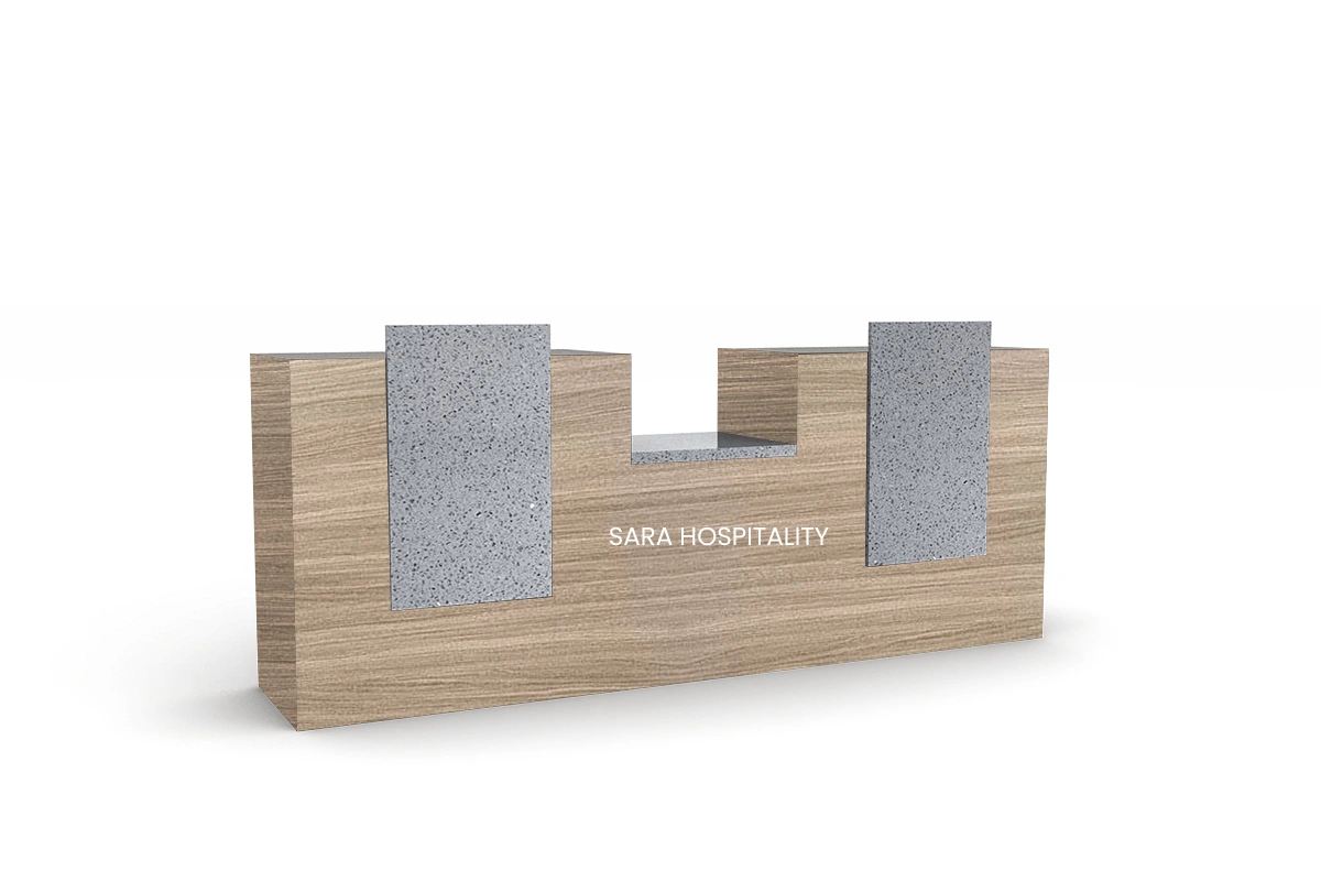 Contemporary dual-layer front desk with a sturdy monolithic frame, combining contrasting material finishes across two distinct front accent panels