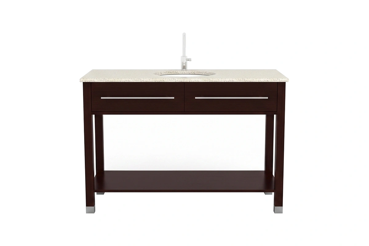 Sleek architectural vanity counter showcasing a precise geometric profile and a refined, minimalist outer frame with no unnecessary ornamentation