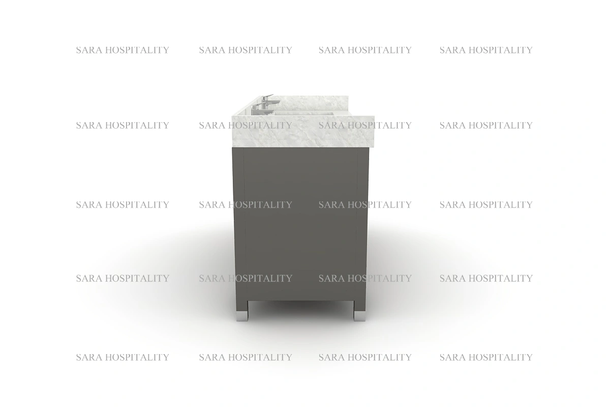 Architectural double-basin counter with a thick, mitered edge and wide deck space between the integrated sinks