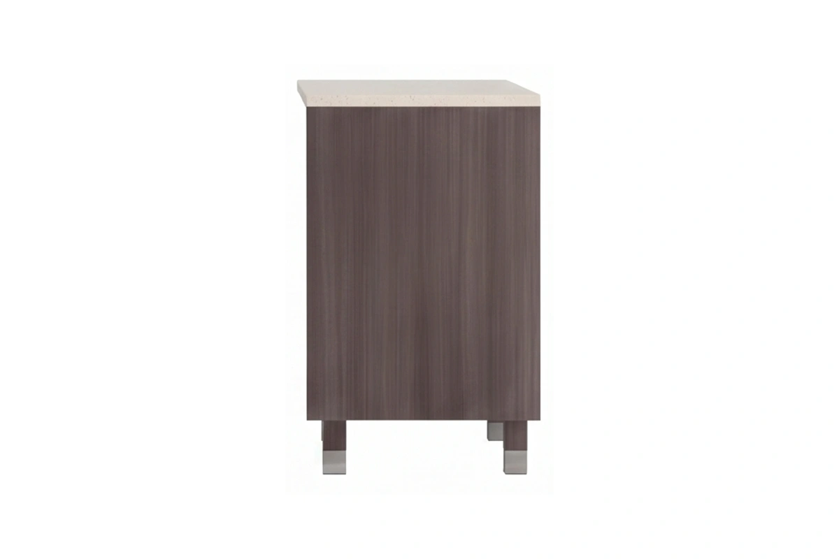 Minimalist wide-profile vanity station offering an elongated counter and generous, full-coverage storage doors