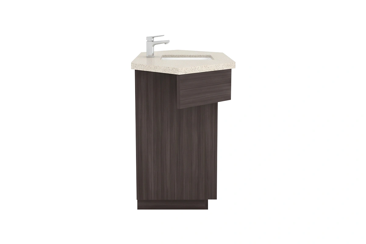 Sleek architectural corner counter showcasing a precise right-angle profile and a refined, minimalist layout that maximizes floor space in compact bathrooms