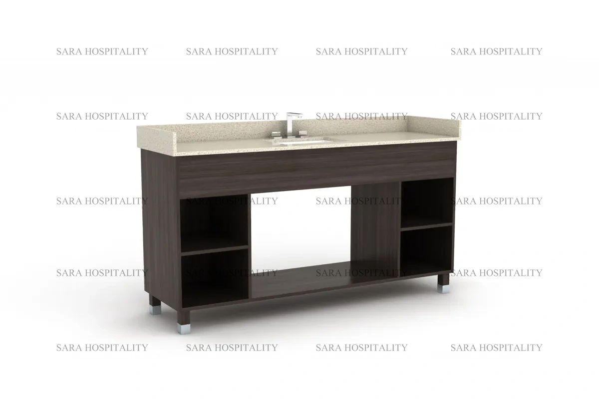 Modern central open vanity base with integrated shelving for hotel guest rooms