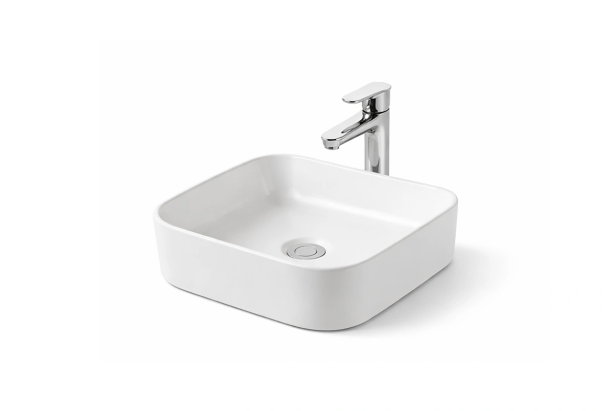 Sleek square basin with a cushioned-edge design, blending geometric structure with smooth, fluid lines