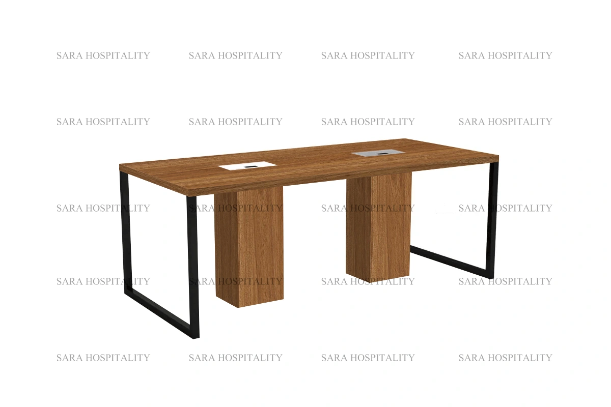 Modern rectangular work table featuring a spacious tabletop and a minimalist, heavy-duty frame