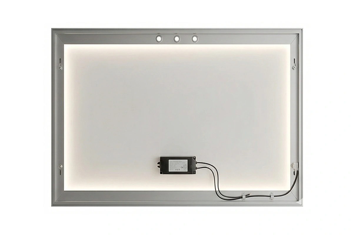 Contemporary LED mirror with a thick light-up frame for boutique guest suites