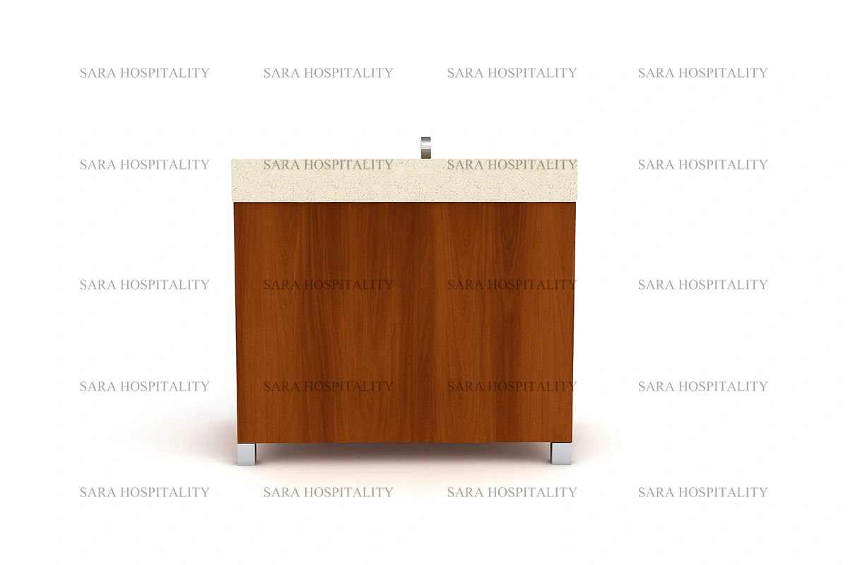 Modern hospitality-grade curved front vanity unit designed for premium guest room ensuites