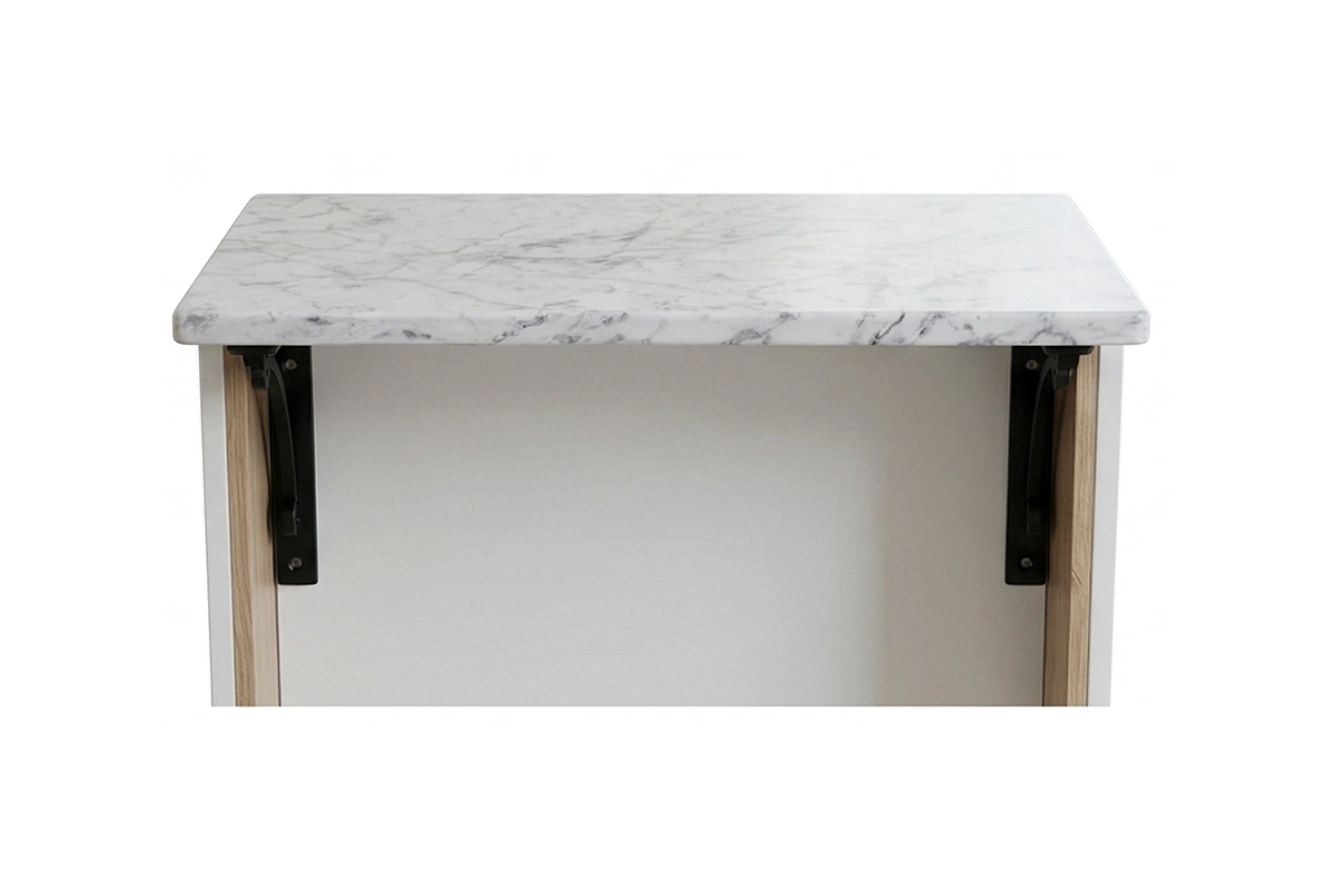 Contemporary waterfall-edge counter with precision-mitered joints and a clean-lined, minimalist profile that anchors the room