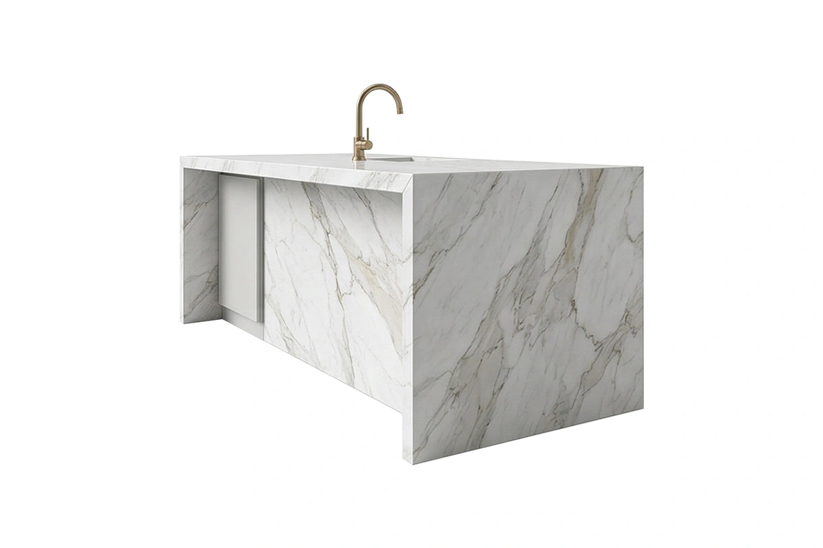 Minimalist extended counter featuring a uniform, high-quality finish and a low-profile aesthetic designed to maximize usable workspace