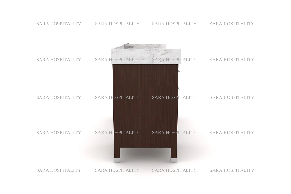 Architectural double-sink granite counter showing a clean linear silhouette and a expansive deck for guest amenities