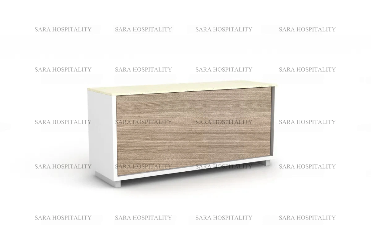 Contemporary reception counter with an integrated transaction top and a sturdy, monolithic frame