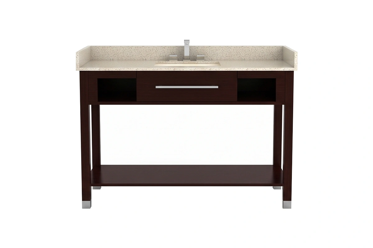 Sleek bathroom vanity unit showcasing an open-slat lower shelf and a refined, minimalist silhouette designed for an airy, hotel-inspired aesthetic