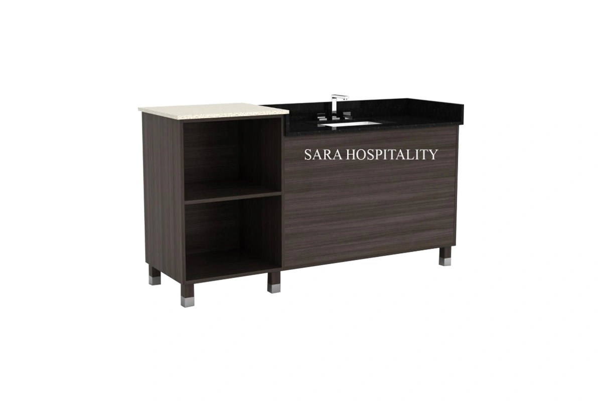 Modern drawer storage vanity featuring an integrated basin and a clean architectural facade with pull-out drawers