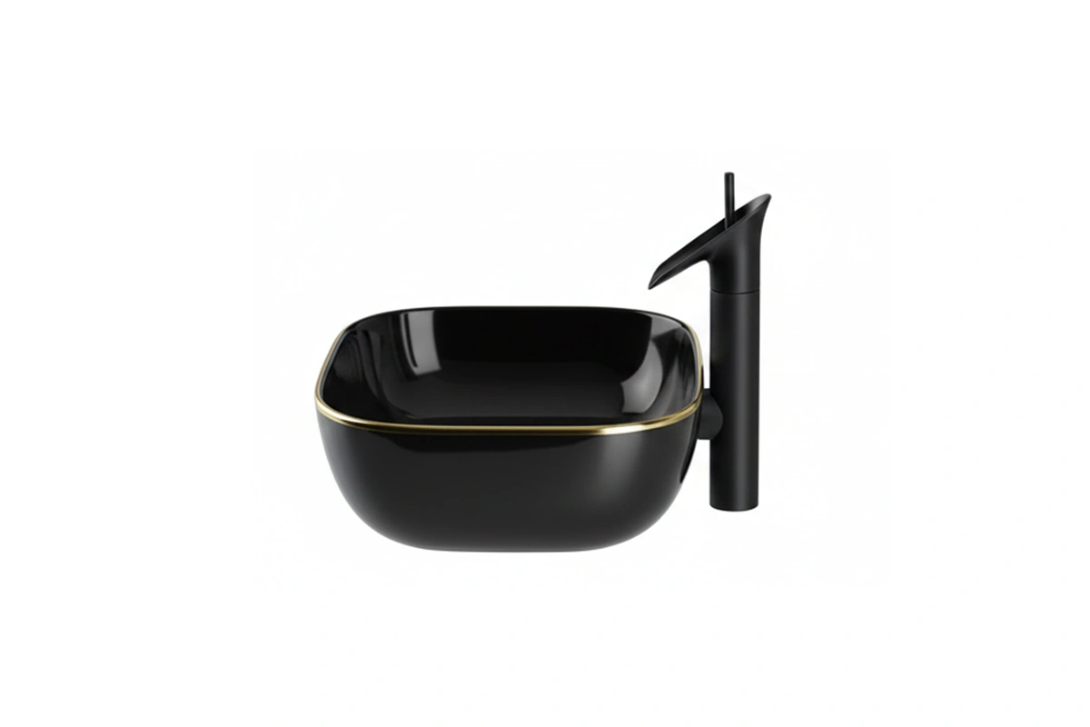 Contemporary square vessel sink in polished white ceramic with a sleek, countertop-mounted profile