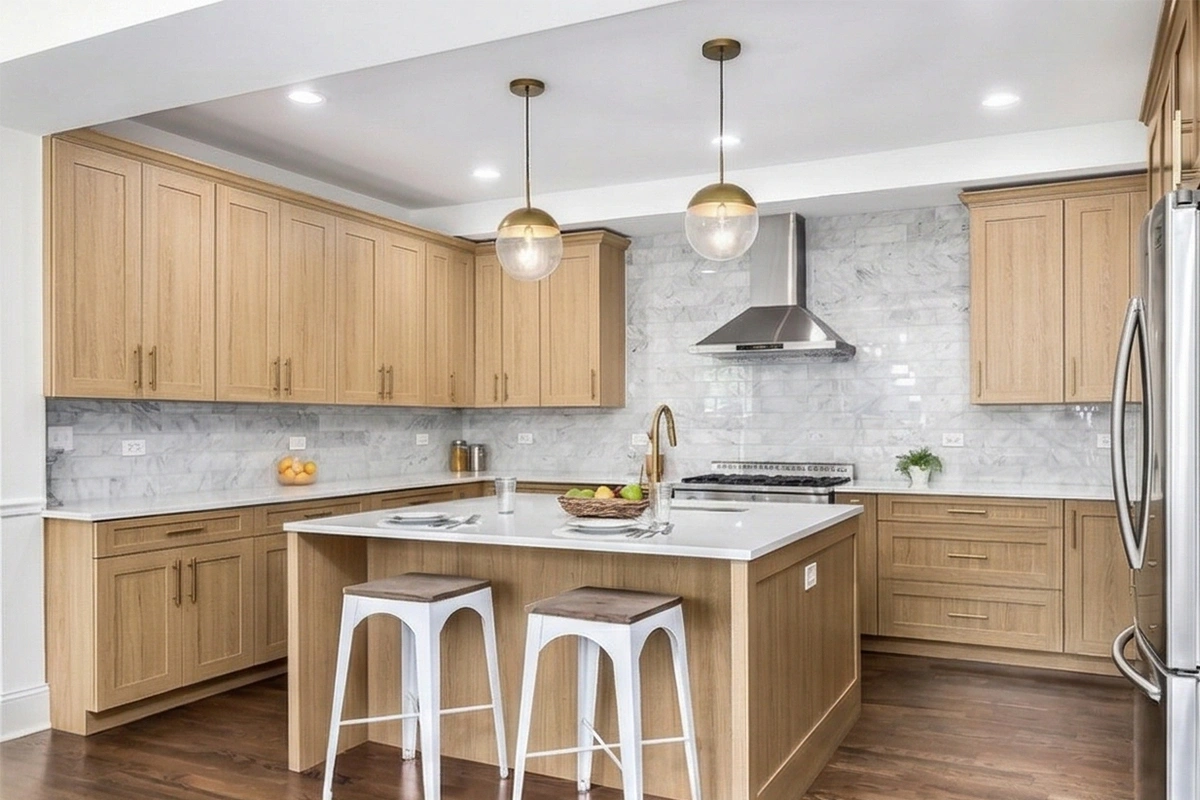 Sleek architectural island unit showcasing an expansive stone or wood surface and a clean-lined, handle-free facade