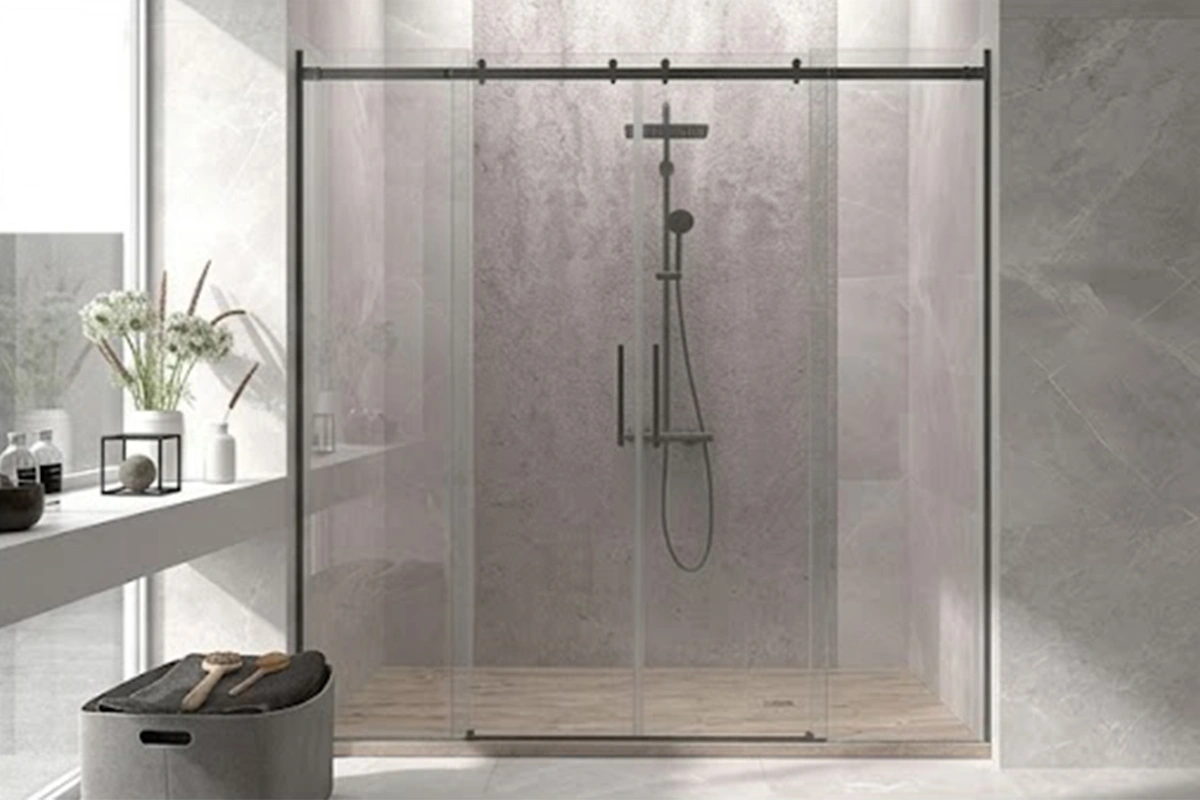Contemporary open-concept surround unit with sturdy monolithic panels engineered to provide a clean, continuous backdrop for wet-room configurations