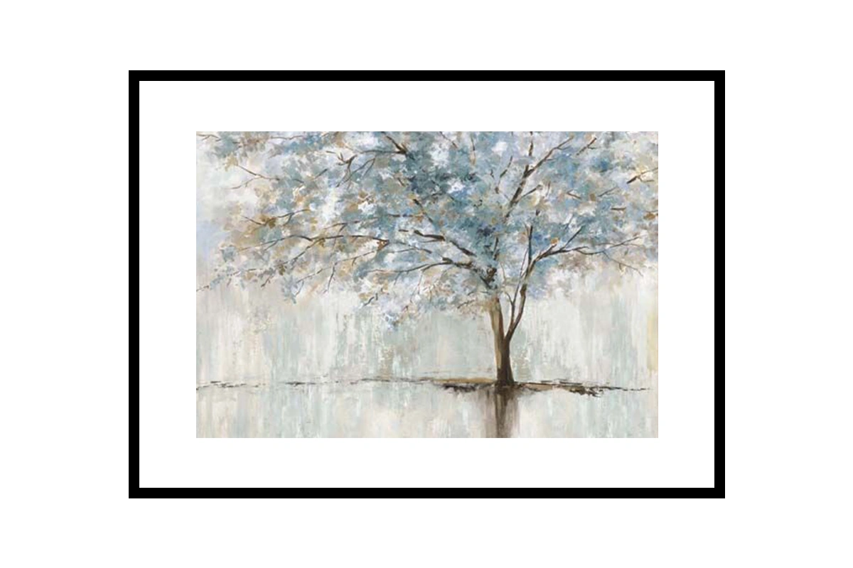 Modern minimalist artwork featuring a single, slender tree silhouette against a neutral backdrop