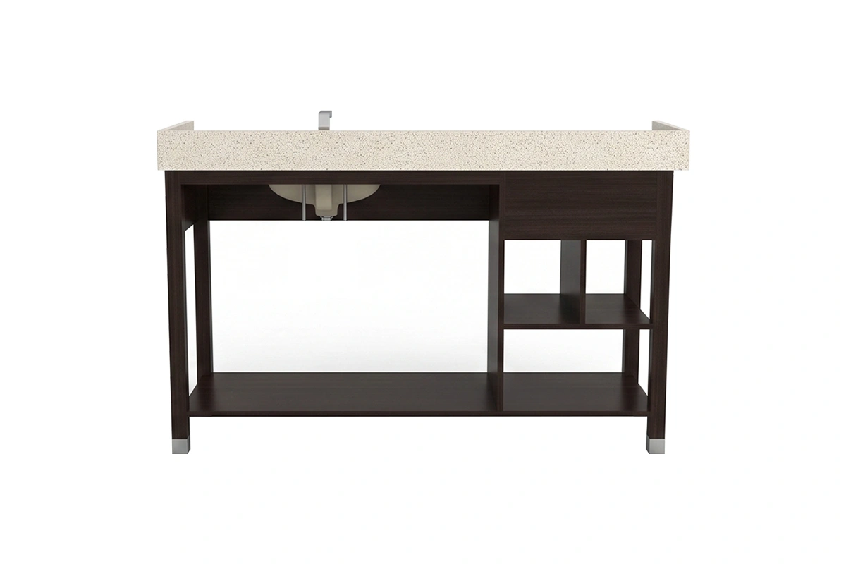 Minimalist geometric vanity station featuring a low-profile frame and an uninterrupted visual flow down to its polished, uniform open leg construction