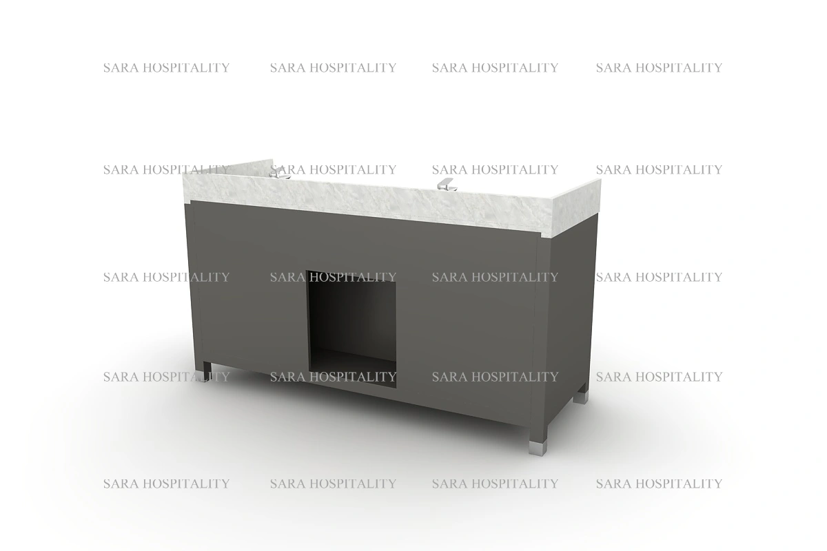 Architectural double-basin counter with a thick, mitered edge and wide deck space between the integrated sinks