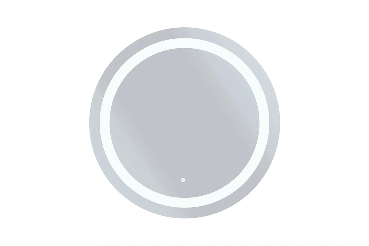 Modern round LED halo mirror featuring a circular backlit glow for luxury hotel bathrooms