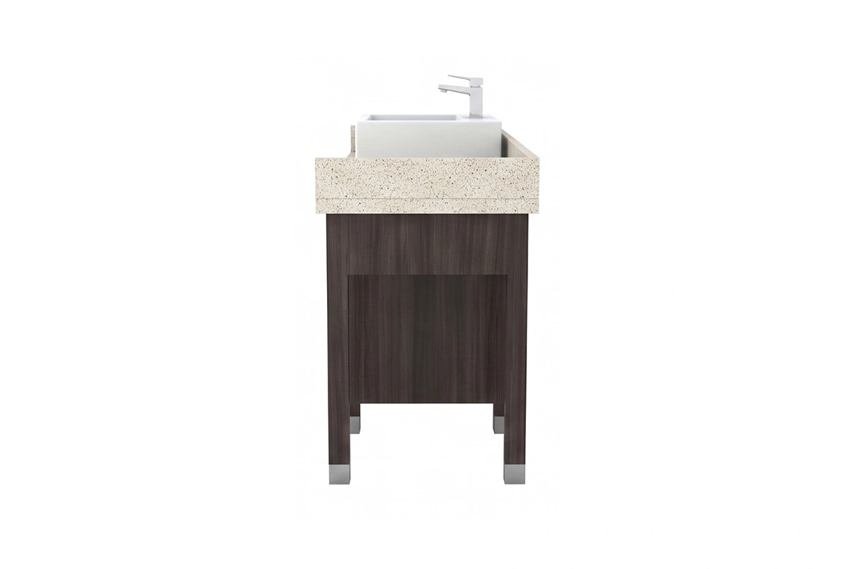 Minimalist solo-basin vanity station offering crisp right angles and a smooth, uninterrupted surface