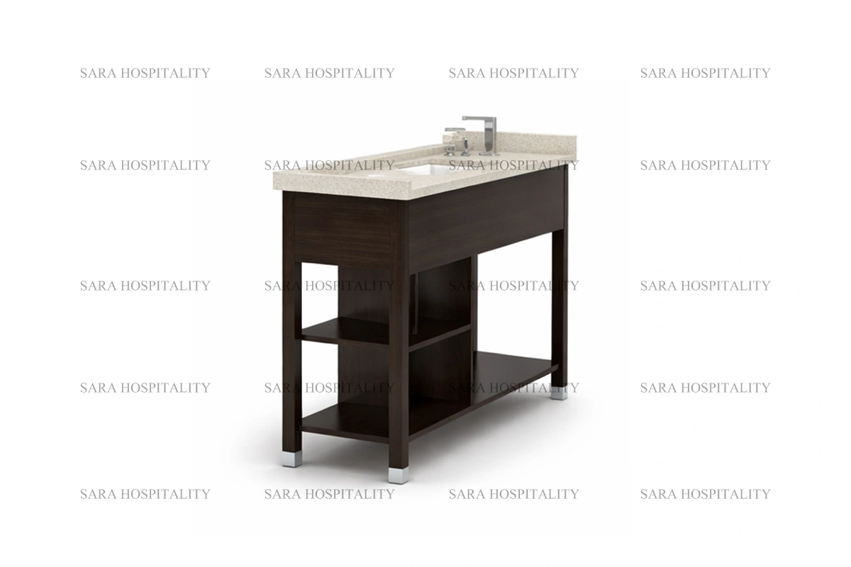 Sleek hospitality-grade symmetrical shelf vanity unit in a professional wood finish