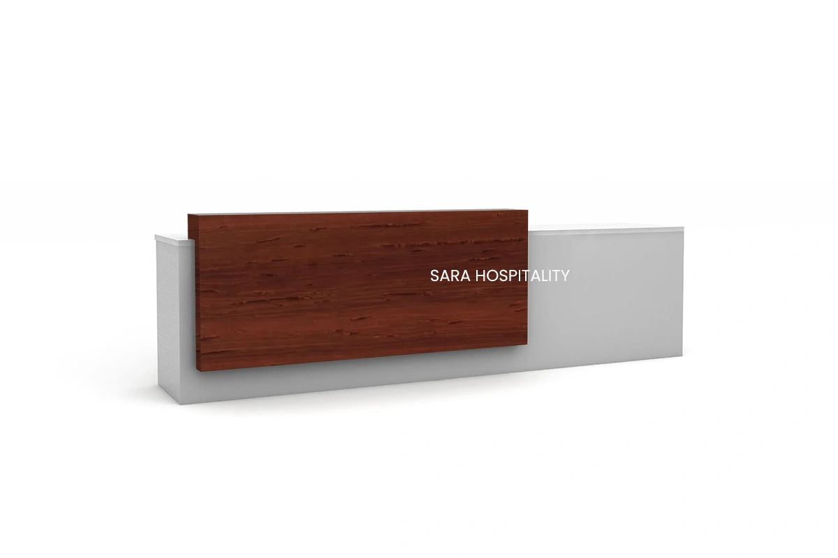 Minimalist smooth-corner reception station providing a spacious interior desk footprint wrapped in a durable, low-maintenance curved outer shell
