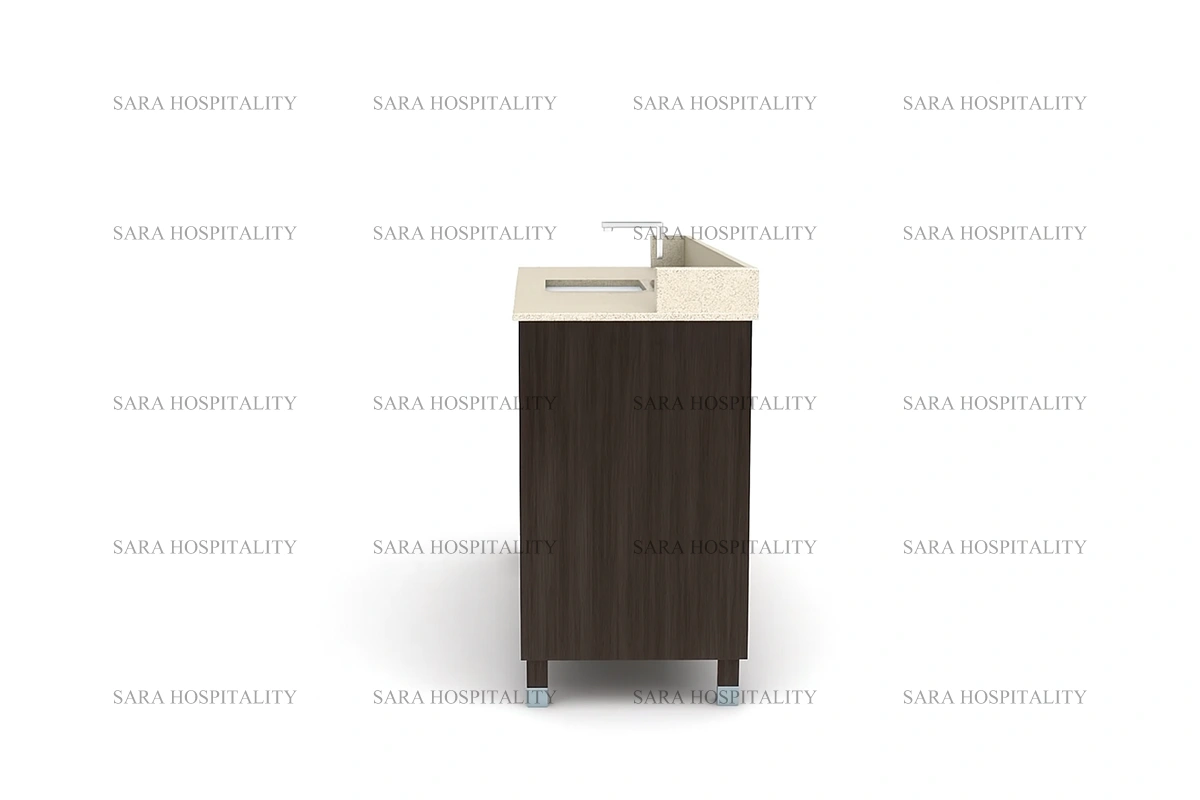 Sturdy central open vanity base for organized storage in premium resort bathrooms
