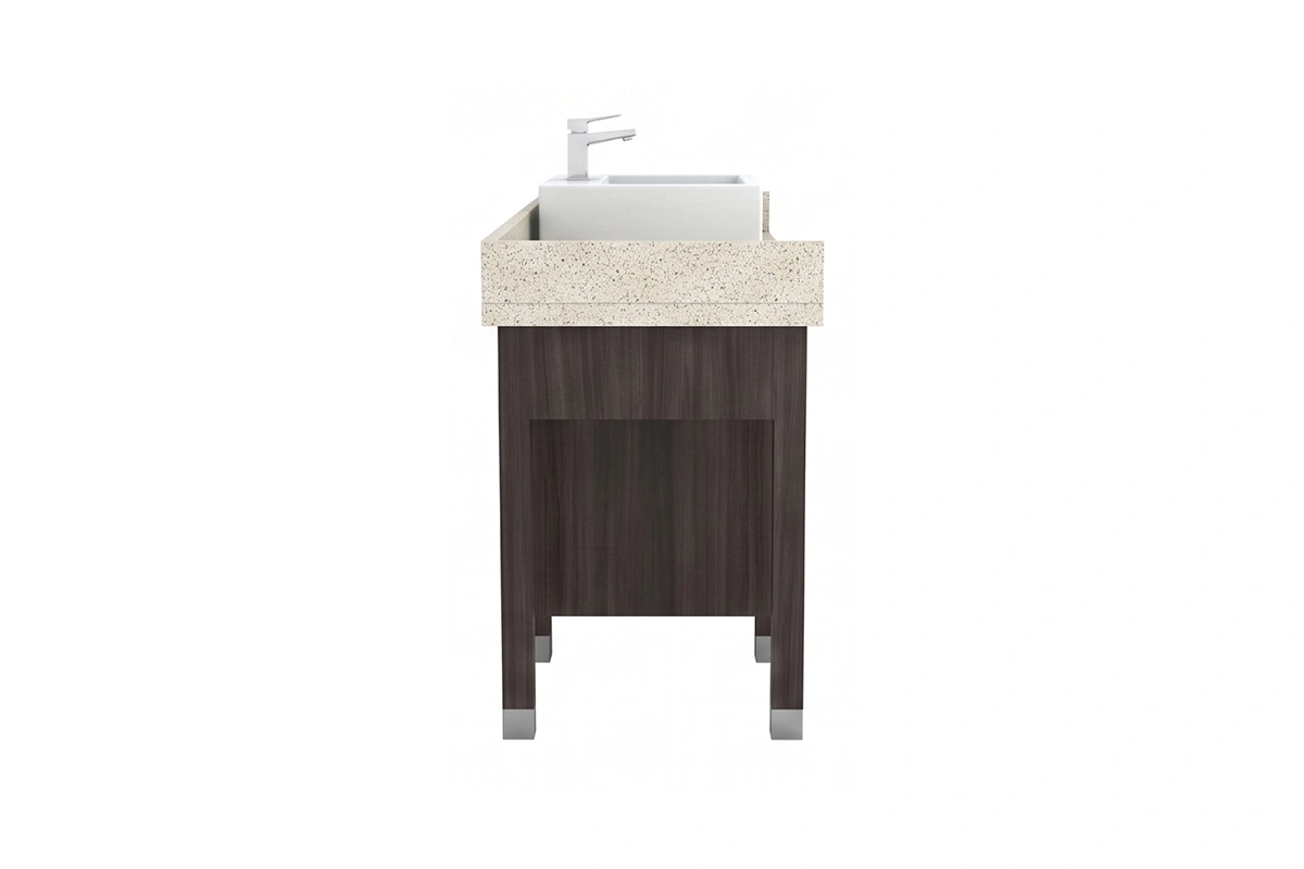 Sleek single-well vanity counter showcasing a minimalist design with generous surrounding deck space