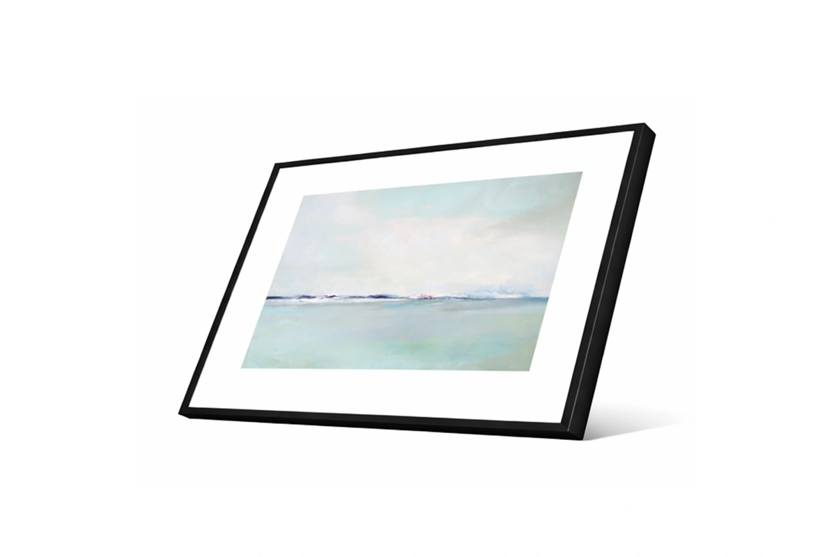 Cinematic coastal print depicting a quiet, sun-drenched beach with soft, airy textures