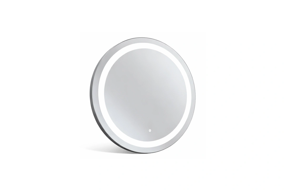 Sleek hospitality-grade circular mirror with integrated halo lighting for boutique suites