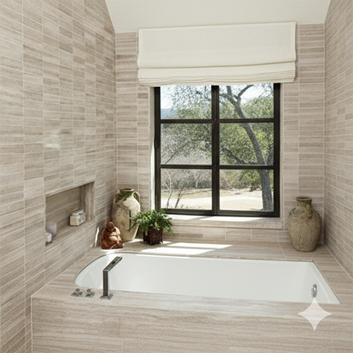 Durable quartz tub surround with horizontal pattern finish