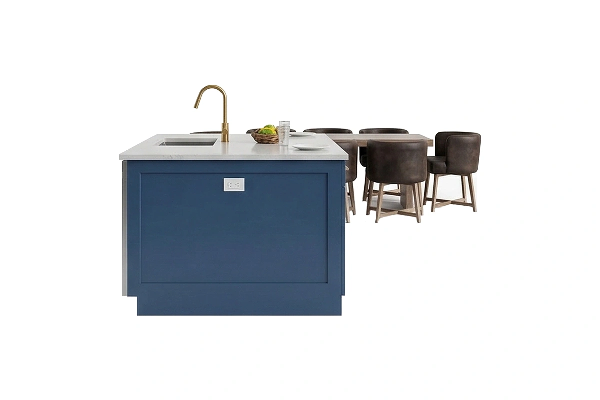 Contemporary freestanding countertop with a uniform finish and a bold geometric frame designed to maximize workspace and social seating