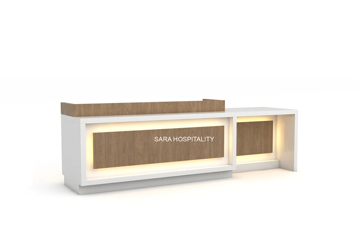 Modern open-frame reception desk featuring a sturdy powder-coated steel frame with open-geometry architectural legs and a clean commercial laminate workspace