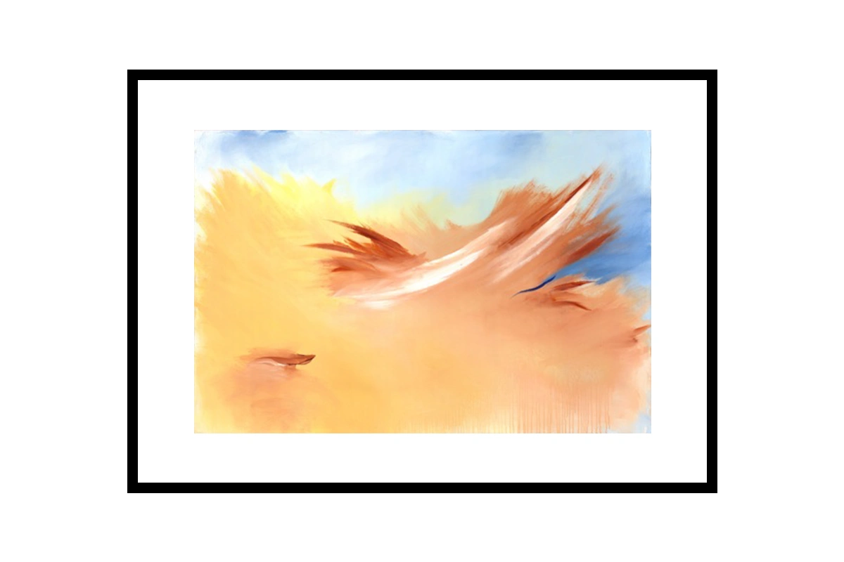 Modern abstract painting featuring a soft, blurred horizon line in soothing pastel tones of lavender, blue, and sand