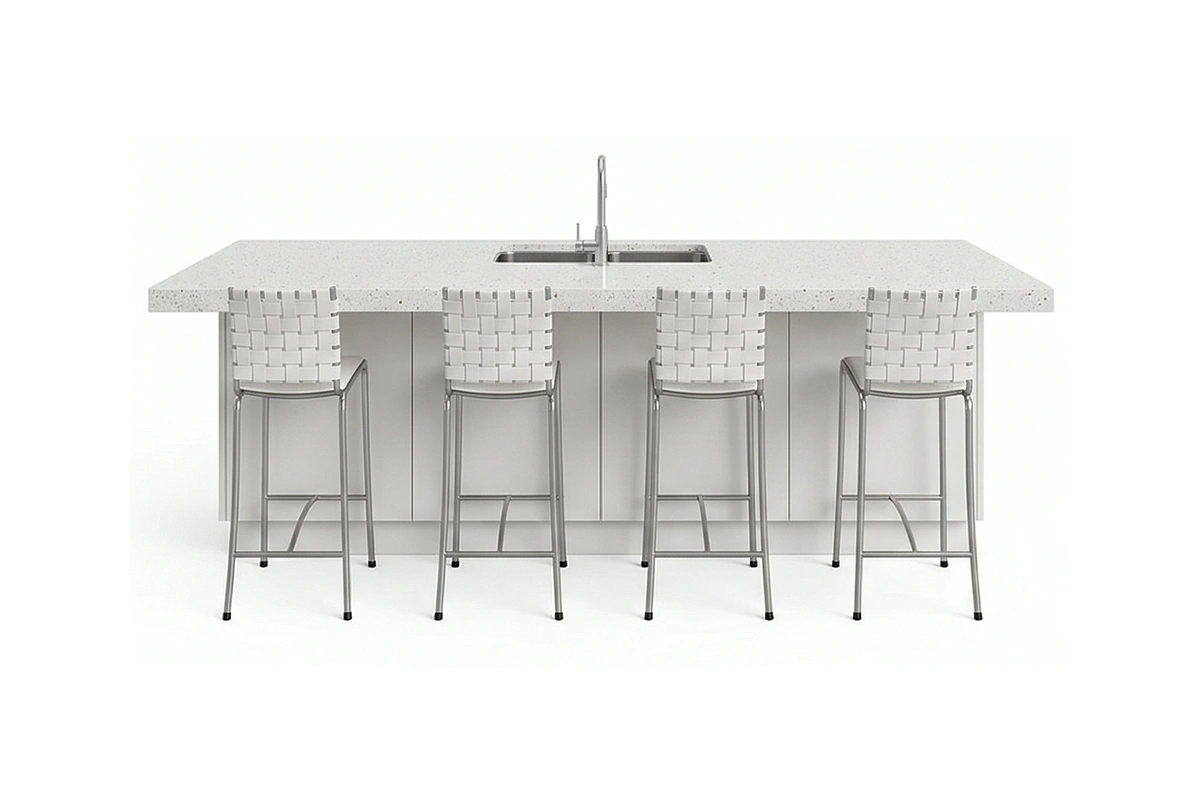 Sleek architectural island counter showcasing a split-level geometric design and a clean-lined, minimalist silhouette