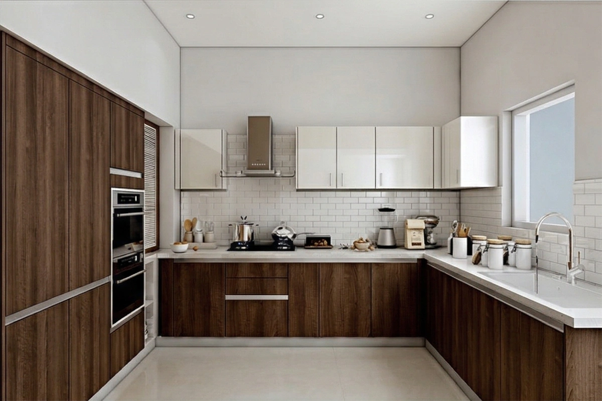 Sleek architectural galley kitchen showcasing two opposing rows of cabinets with a refined, minimalist silhouette