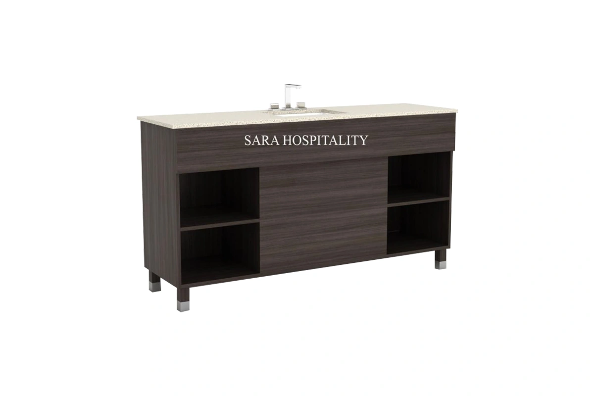 Modern storage cabinet vanity top featuring an integrated solid-surface basin and a clean-lined architectural base with flush-fitting cabinet doors for hidden storage