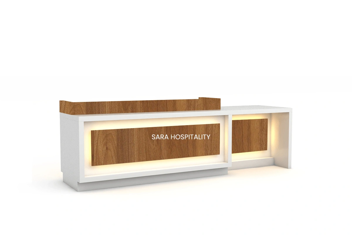 Sleek airy frame reception counter showcasing a minimalist skeletal structure paired with a floating transaction top and integrated wire-management channels