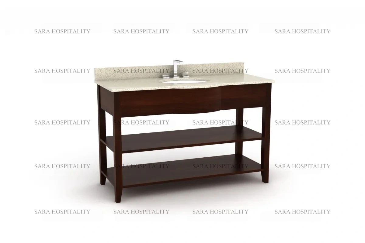 Modern slatted shelf vanity base with an open-concept design for hotel guest rooms