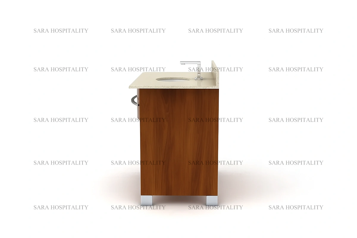 Sophisticated curved front vanity base for a spacious and ergonomic resort bathroom layout