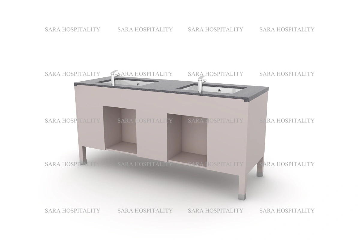 Sleek double-sink washroom counter with a substantial mitered edge and a seamless, non-porous surface