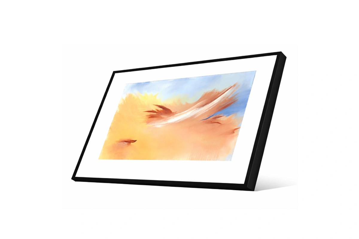 Large-scale expressive artwork with layered, watercolor-like textures depicting a tranquil and hazy sky over a calm shore