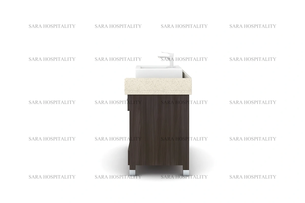 Robust wide storage vanity base for organized and functional resort guest bathrooms