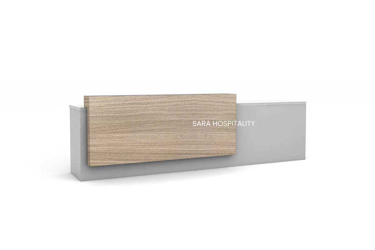 Contemporary rounded-corner front desk with a sturdy monolithic base, offering an ergonomic workspace paired with an inviting, organic guest facade