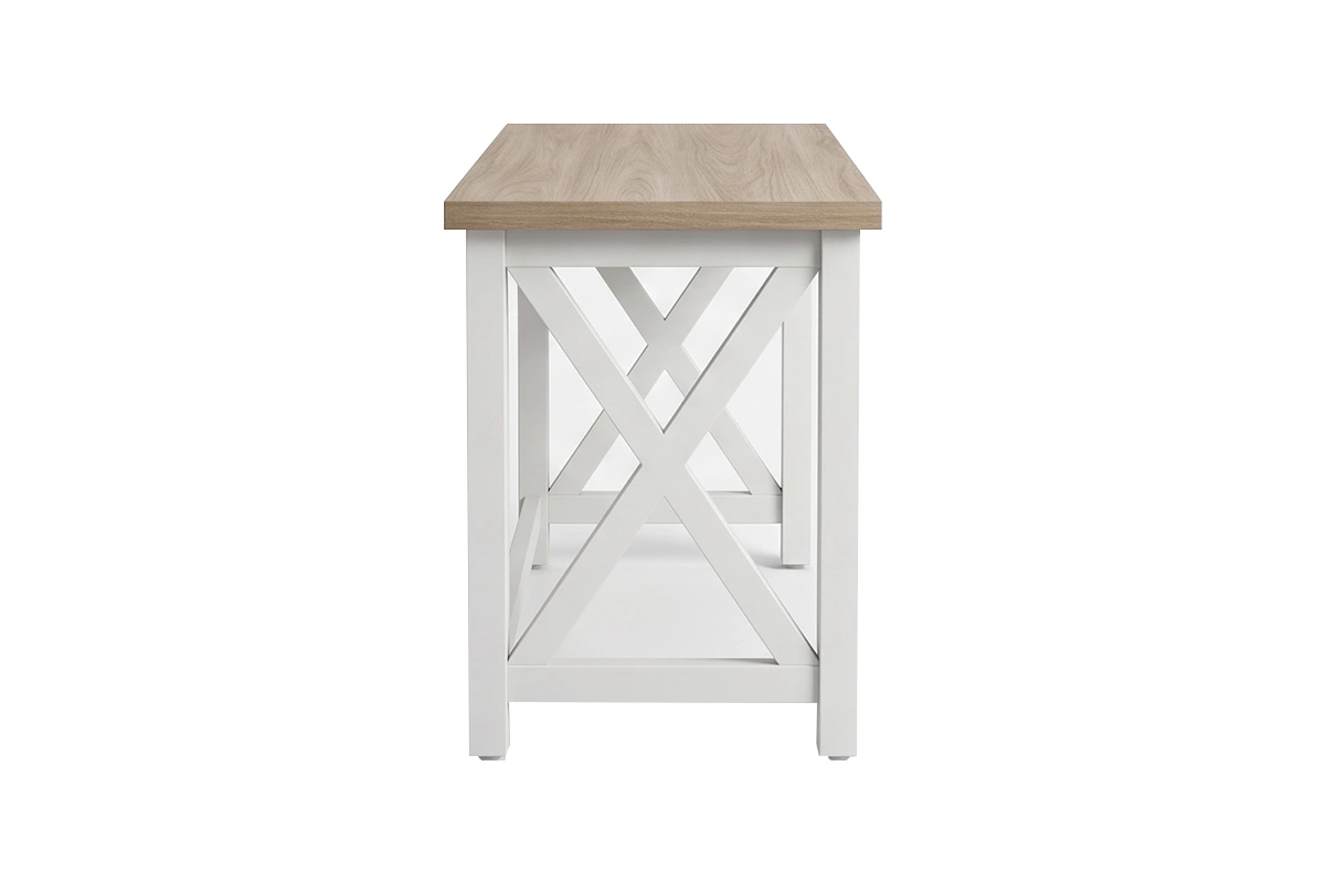 Minimalist Cross-Base Desk: Compact, space-saving design featuring a low-maintenance top supported by a sturdy steel X-frame
