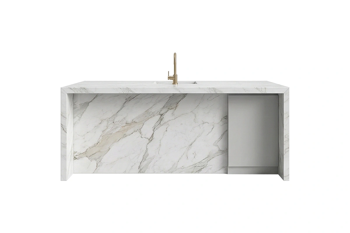 Contemporary overhanging countertop with an integrated seating ledge and a sturdy, monolithic frame that bridges kitchen work and social spaces