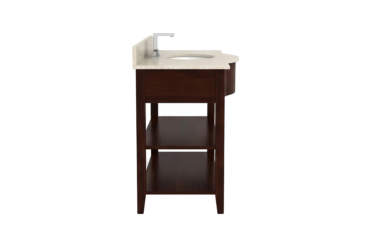 Contemporary under-shelf vanity counter with a sturdy, monolithic top and an exposed bottom deck designed for easy access to fresh guest linens and amenities