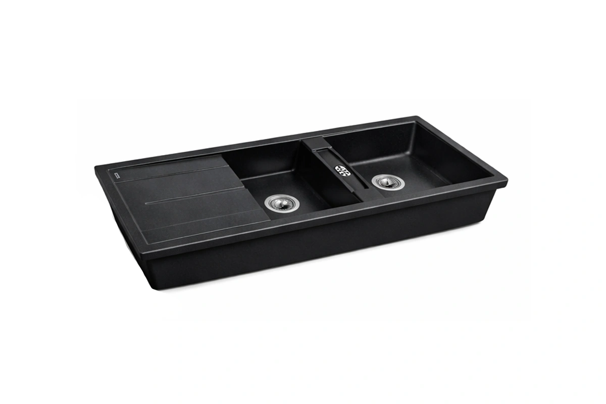 Functional dual-basin kitchen sink featuring equal-sized compartments and a low-profile divider